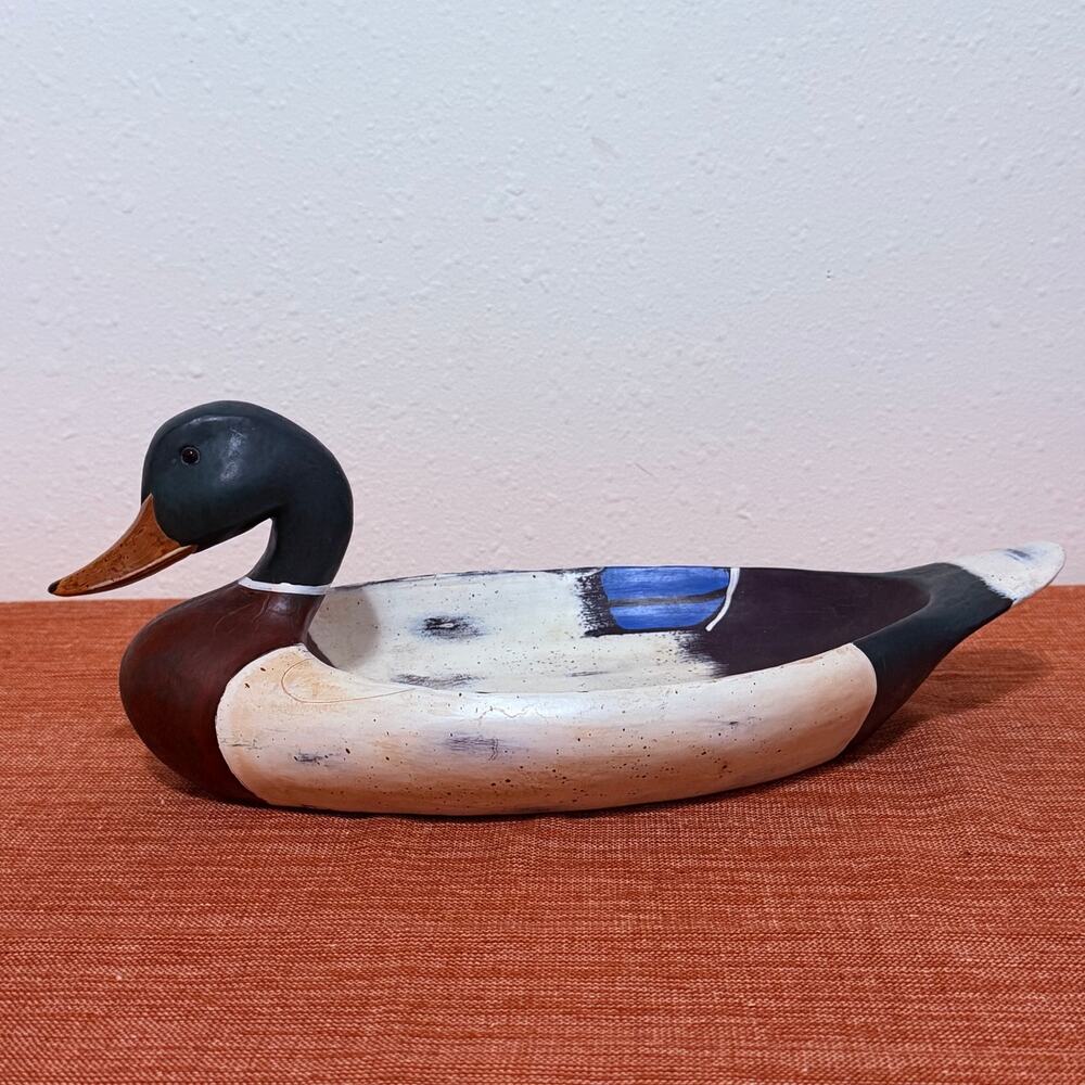 Vintage Mallard Duck Decoy Bowl Hand Painted Wood Look Resin Catchall